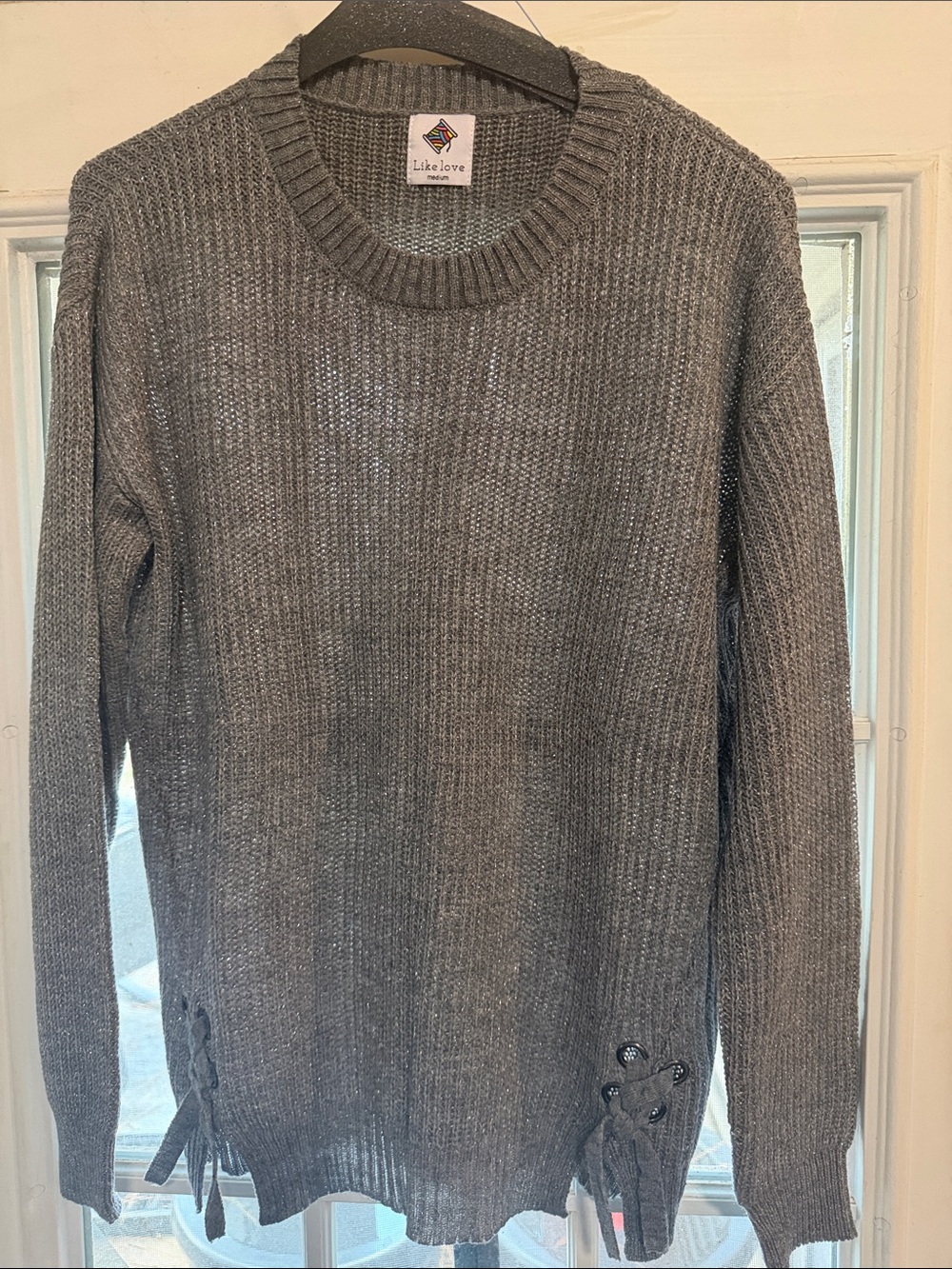 Sew In Love Charcoal Ribbed Crewneck Sweater with Side Lace-Up